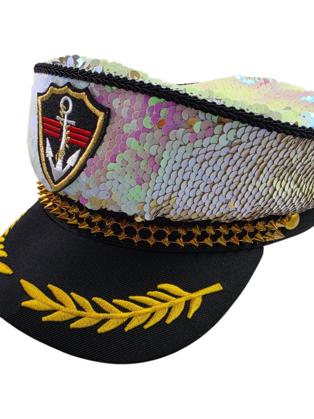 Sequin Captain’s Hat with Gold Embroidery/ White IRIDESCENT/ GOLD SEQUIN - Picture 2 of 5